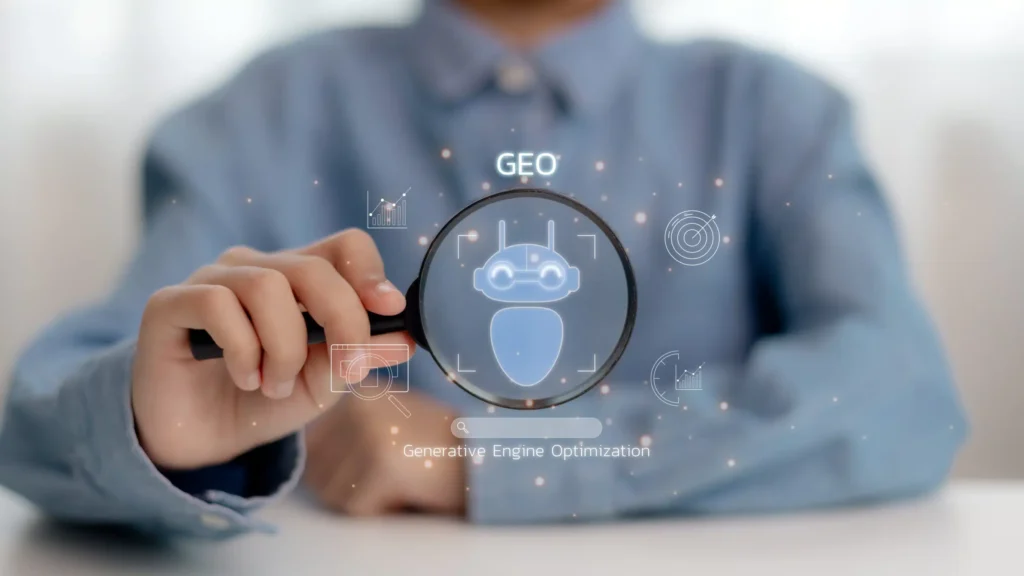 Ein Mann mit Lupe in welche eine kleine Roboter Illustration als symbolischer Platzhalter für KI ist. diesen umgebend sind Symbole zum Thema E-Commerce.