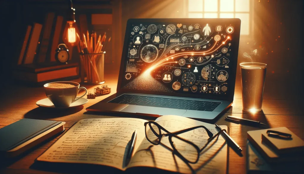 KI generiertes Bild eines Laptops auf einem Tisch mit Kaffee, Wasserglas, Notizbüchern, Stiften und einer Brille.