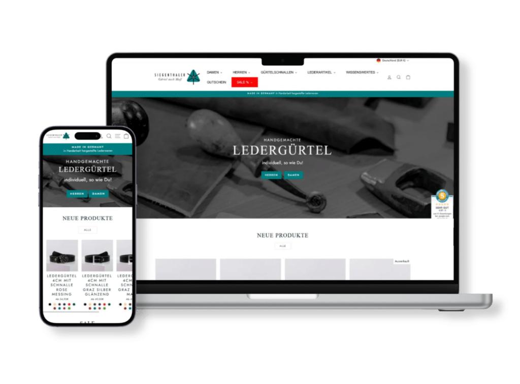 Mockup eines Handys welches leicht versetzt vor einem Laptop welcher der Onlineshop von Siegenthaler, welcher Gürtel nach Maß in Handarbeit herstellt.