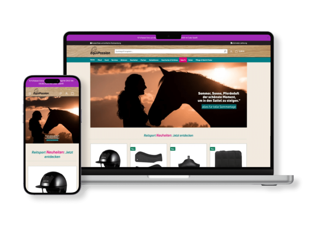 Mockup eines Handys welches leicht versetzt vor einem Laptop welcher der Onlineshop von EquiPassion, einem Pferde- und Reitzubehöronlineshop sichtbar ist.