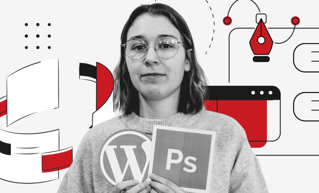 Eine junge Frau mit Brille welche ein WordPress und Photoshop Schildchen vor sich hoch hält, da sie im CRO Bereich bei der Online Rebellion gearbeitet hat.