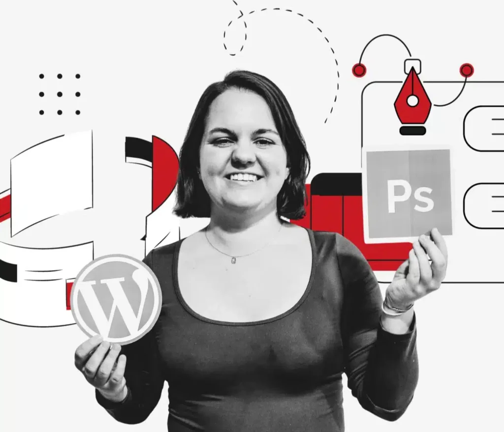 Werkstudentin der Online Rebellion Emma, die ein WordPress und ein Photoshop Logo am hochhält und lächelt.