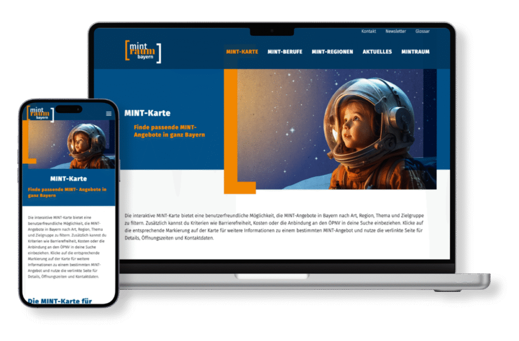 Responsive Webdesign-Darstellung der 'mint raum bayern'-Webseite auf Laptop und Smartphone. Ein lächelnder Junge und der Slogan 'MINT brauchst Raum!' bewerben die MINT-Bildung in bayerischen Regionen.