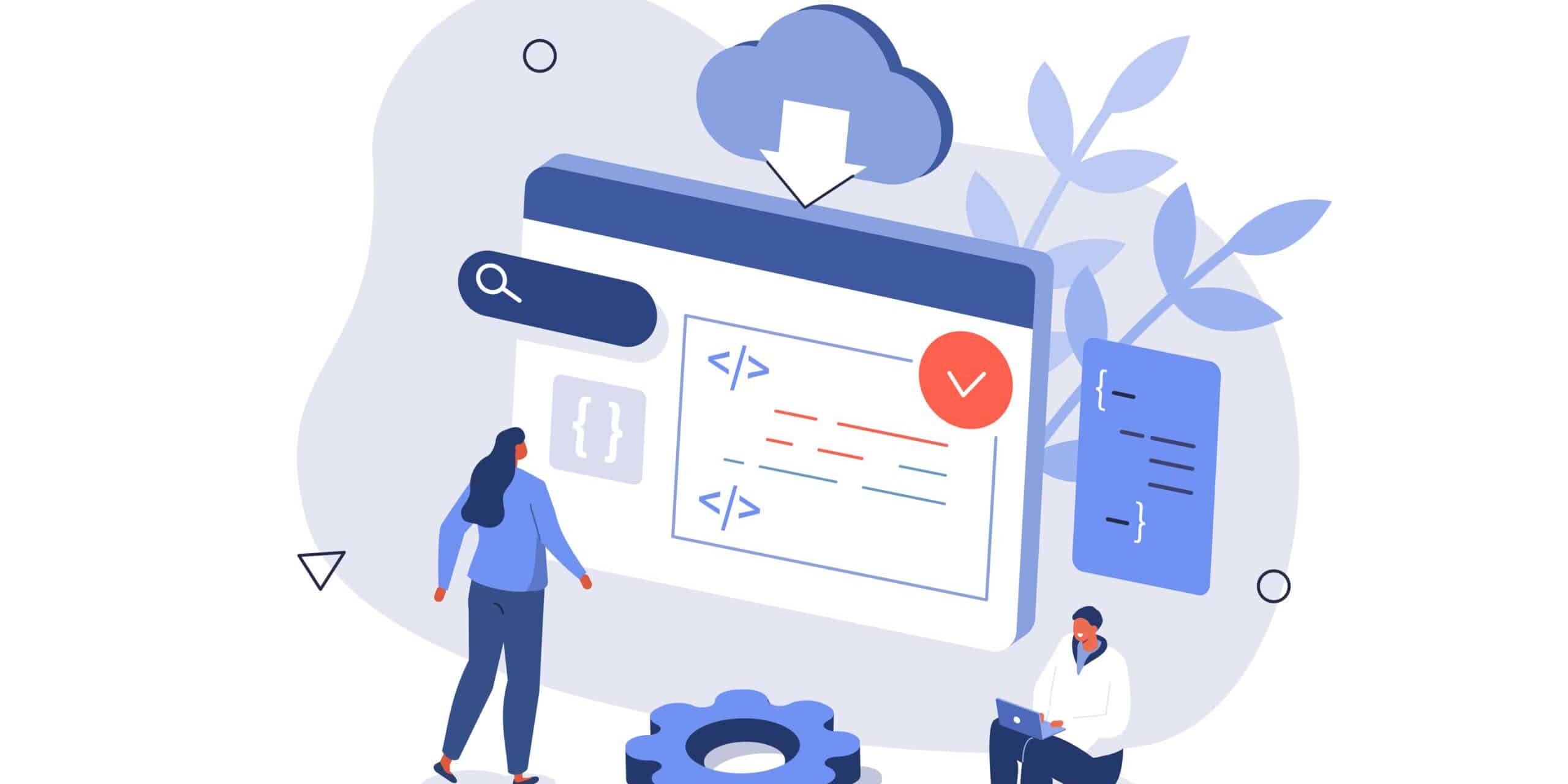 People characters developing software and sending data to cloud storage. Developers team programming and writing program code. Development process concept. Flat isometric vector illustration isolated.