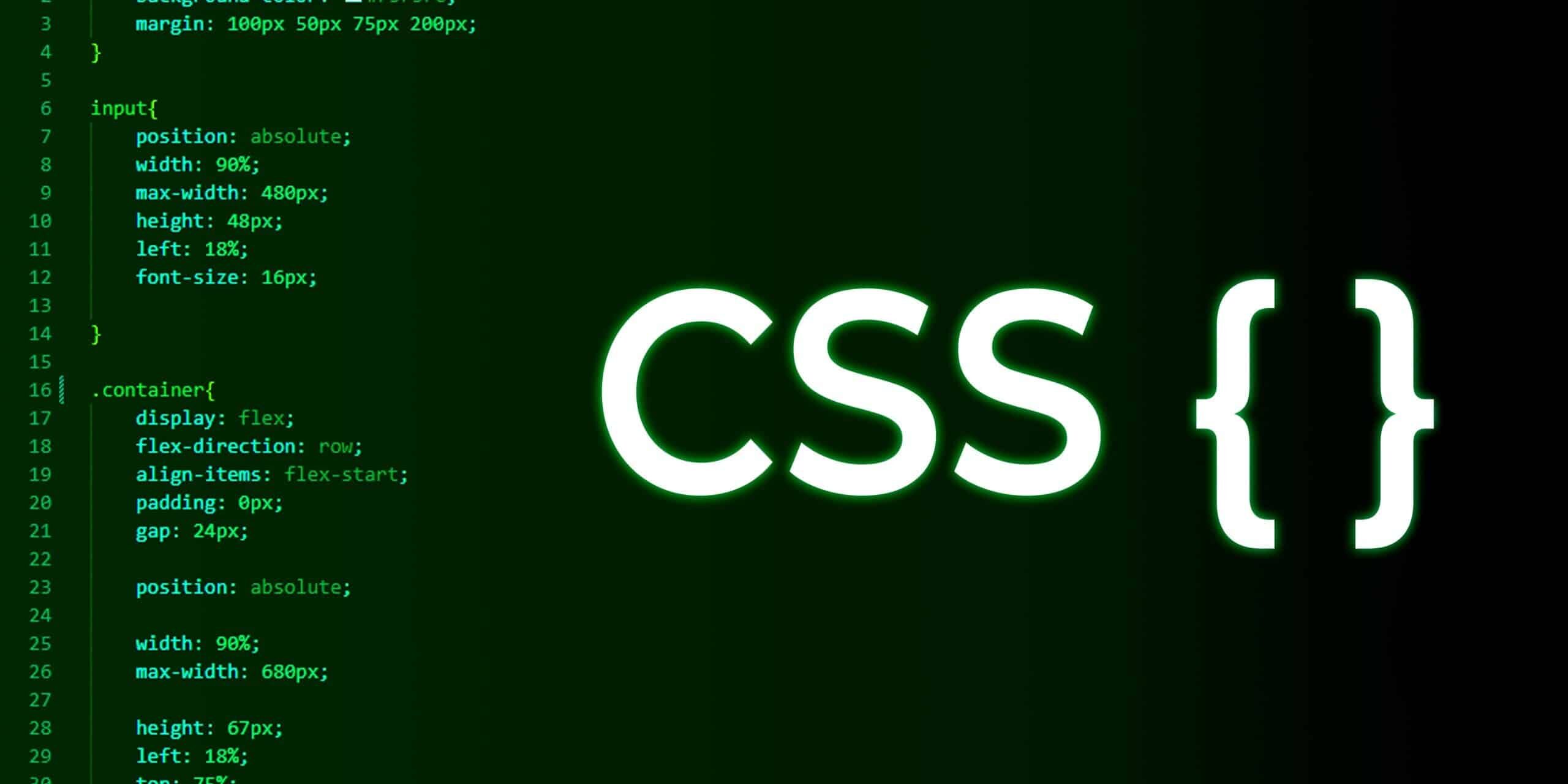 css code on dark background in code editor and word CSS, Banner for CSS programming, CSS inscription against and code background, Cascading Style Sheets